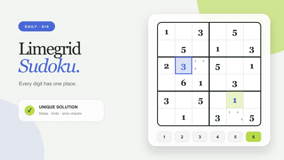 Limegrid Sudoku board with graphite digits, lime highlights and a blue selected cell