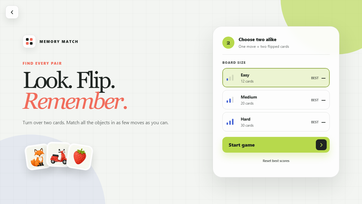 Memory Match cards with colorful illustrations