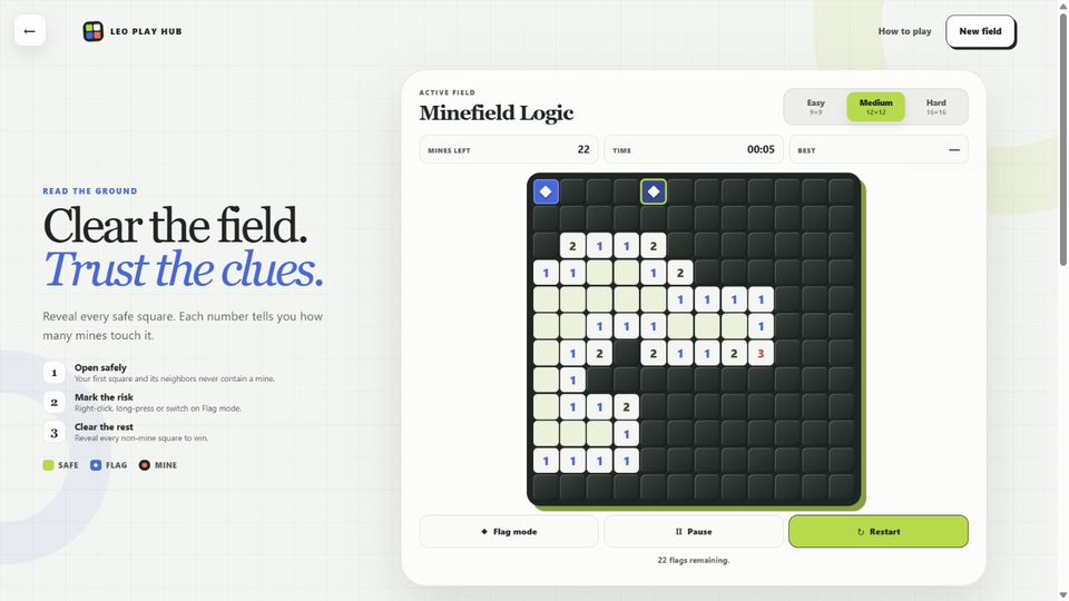 Minefield Logic board with numbered clues, cobalt flags and a lime safe opening