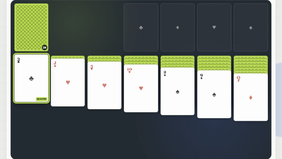 Quiet Klondike tableau with graphite playing cards, lime selections and cobalt controls
